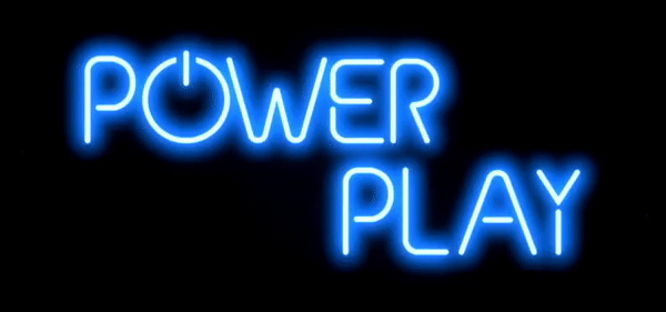 An image of a logo that says "Power Play" in neon blue text. The text flashes making it look like the power to a neon sign is flickering