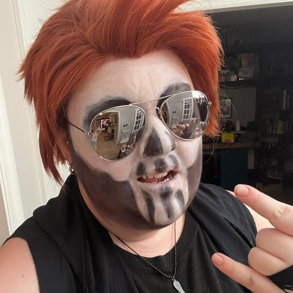 Ezra cosplaying Gideon Nav from The Locked Tomb series