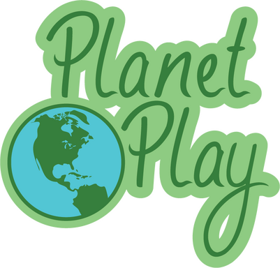 An image of a logo that says "planet play" in green next to a vector of the earth